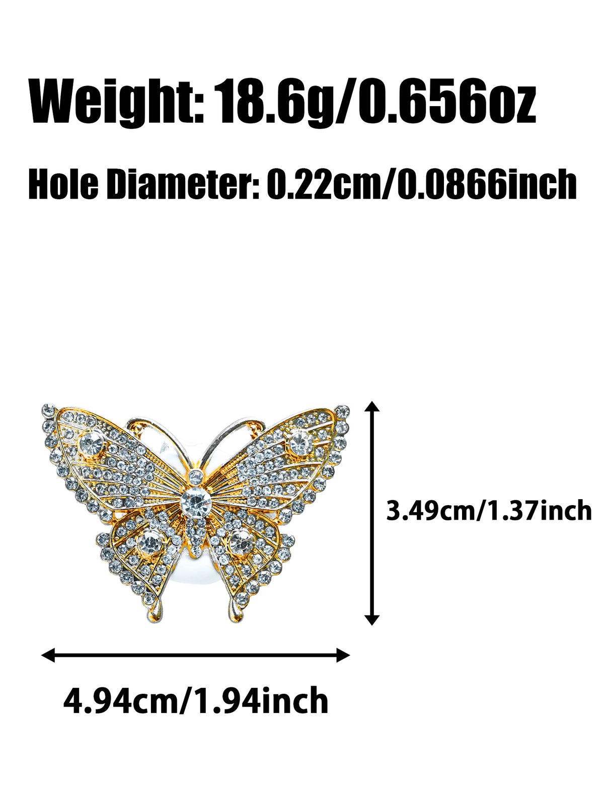C52153 Heavy‑Duty Hollow Rhinestone Butterfly Focal Bead, Gold‑Plated Inlaid Alloy Large Hole Bead, DIY Bead Pen, Keychain, Bag Charm Jewelry Making Accessories