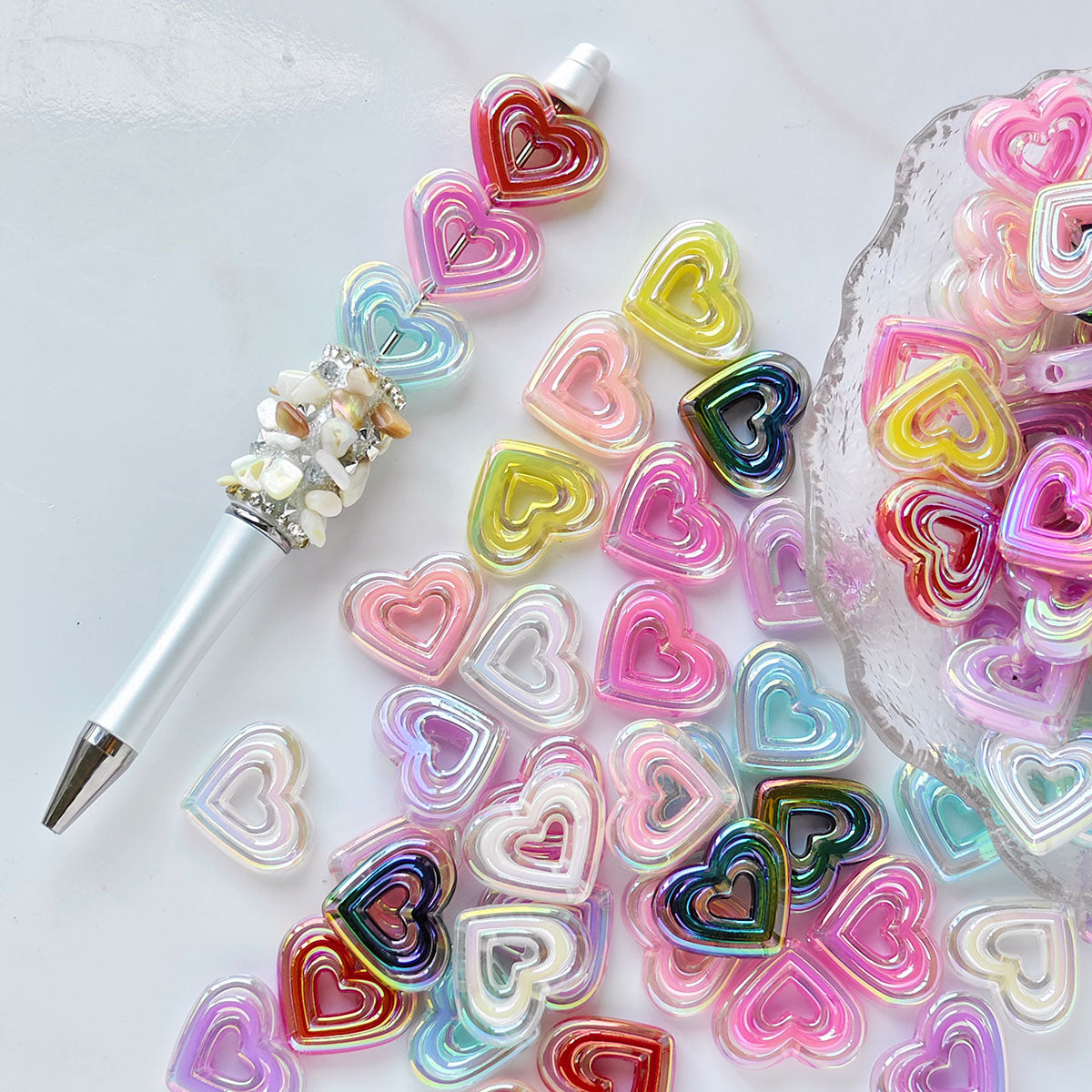 AA002 30pc / bag Acrylic Ab Color Heart-Shaped Diy Jewelry Beads, Random Colors, Great for Diy Pens ,Keychains