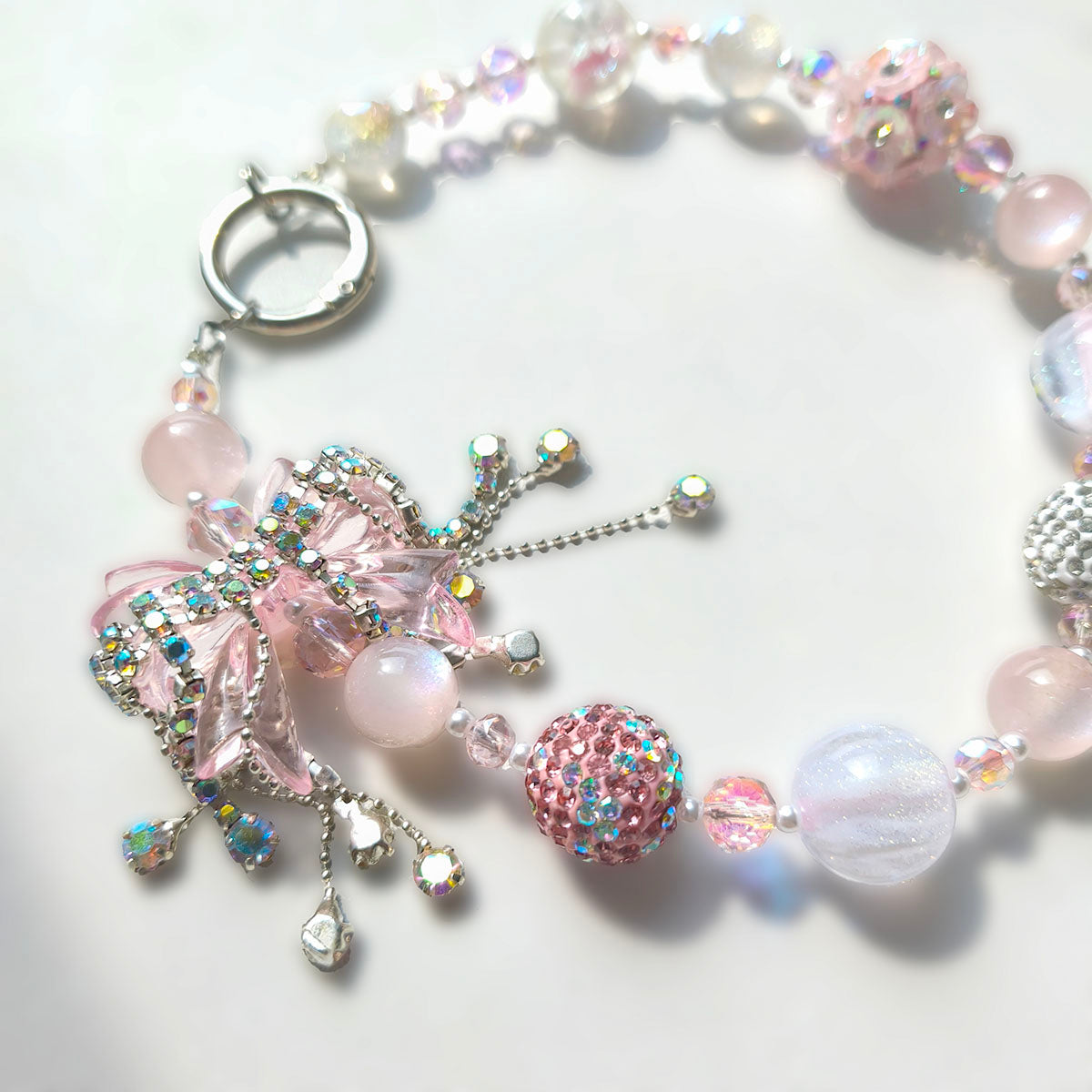 SC6003 Pastel Pink Y2K Acrylic Beaded Bracelet - Sparkly Handmade Jewelry with Flower Pendant for Daily Wear & Gifts
