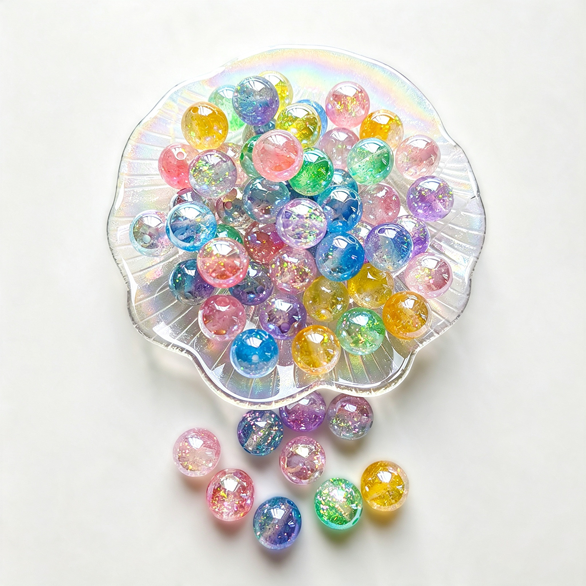 AA0215 16mm Iridescent Confetti Resin Round Loose Beads, Transparent Glitter Foil Straight Hole Beads for DIY Bracelets, Necklaces, Phone Charms & Keychain Jewelry Making
