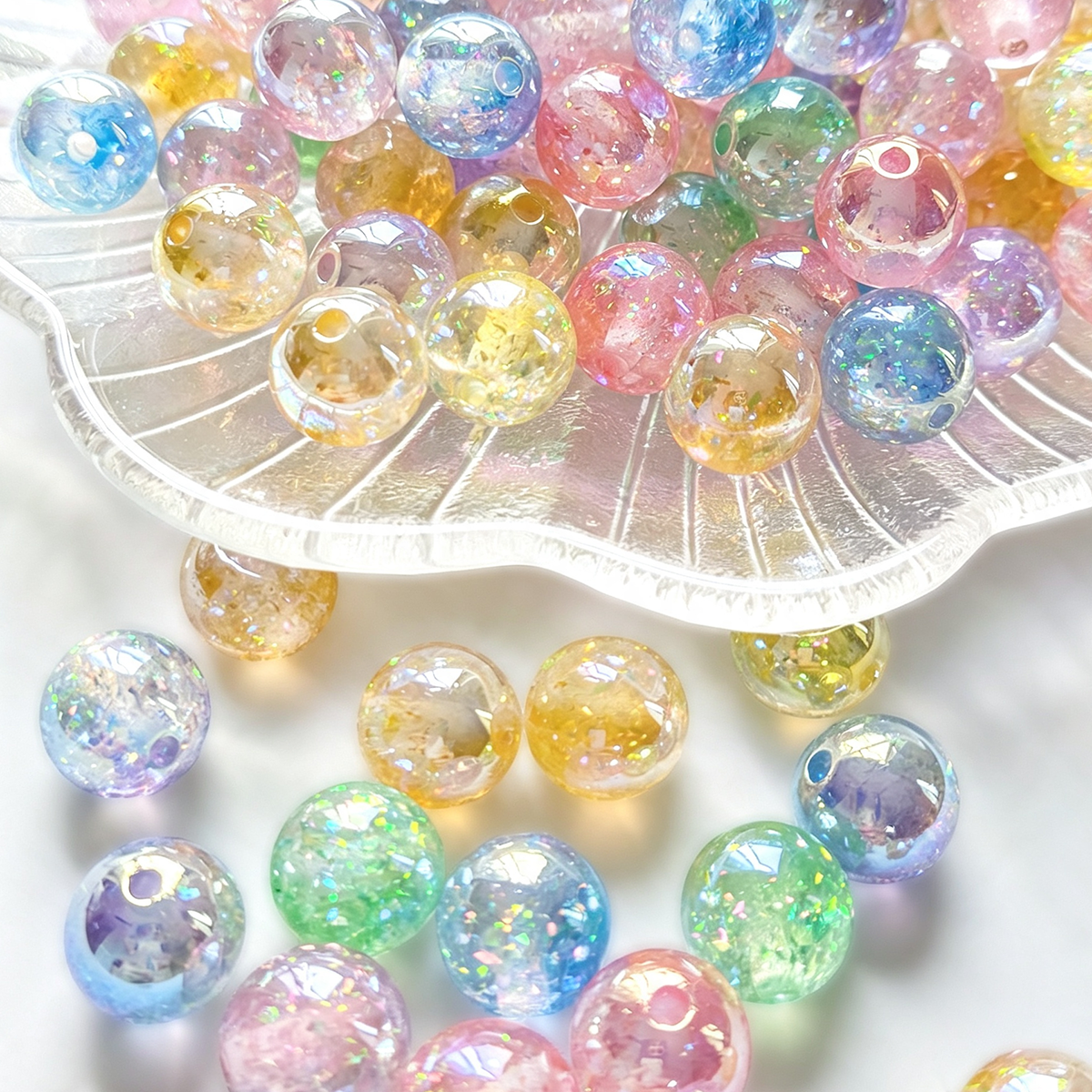 AA0214 12mm Iridescent Confetti Resin Round Loose Beads, Transparent Glitter Foil Straight Hole Beads for DIY Bracelets, Necklaces, Phone Charms & Keychain Jewelry Making
