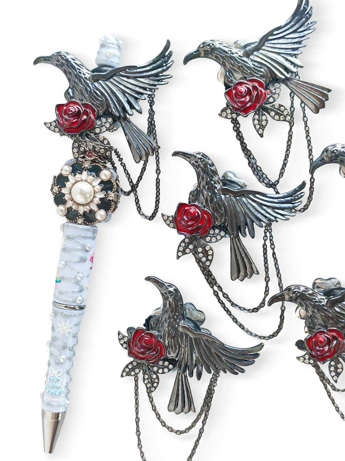 C52144 Gothic Raven Red Rose Chain Focal Bead, Vintage Enamel Rhinestone Large Hole Bead, DIY Bead Pen, Keychain, Bag Charm Jewelry Making Accessories