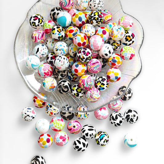 AA0138  30pcs Colorful Patterned Silicone Bead Set - Various Colors And Designs | Playful Patterns | Smooth Finished Beads - Ideal For DIY Crafting Keychains, Necklaces, Bracelets, Decorative Pens, Jewelry And Pendants