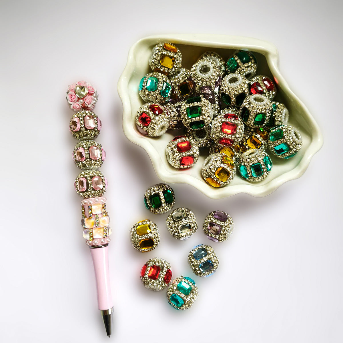 Rectangle Double Gem Pave Rhinestone Focal Bead, Large Hole Clay Bead for DIY Beadable Pen Bracelet Keychain