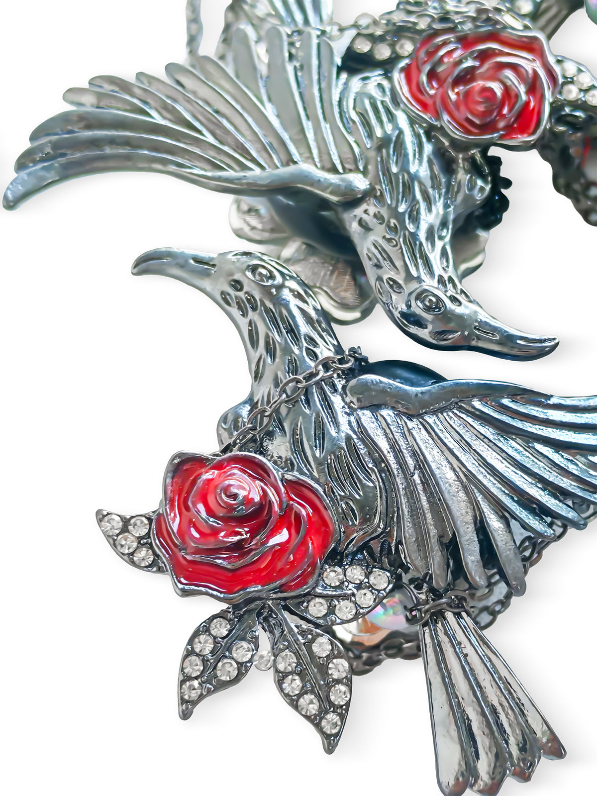 C52144 Gothic Raven Red Rose Chain Focal Bead, Vintage Enamel Rhinestone Large Hole Bead, DIY Bead Pen, Keychain, Bag Charm Jewelry Making Accessories