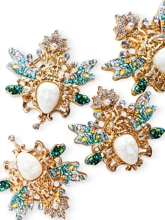 C52148 Vintage Baroque Human Face Leaf Focal Bead, Enamel Rhinestone Pearl Large Hole Bead, DIY Bead Pen, Keychain, Bag Charm Jewelry Making Accessories