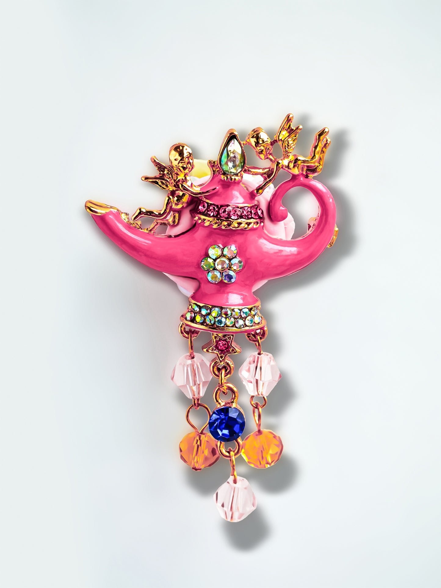 C52126 Metal Genie Gem Teapot, Aladdin's Wish-Granting Pot, with Pink Diamond Pendant, Great For DIY Pens, Necklaces, Key-chains