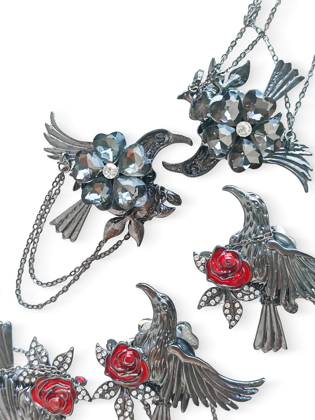 C52144 Gothic Raven Red Rose Chain Focal Bead, Vintage Enamel Rhinestone Large Hole Bead, DIY Bead Pen, Keychain, Bag Charm Jewelry Making Accessories