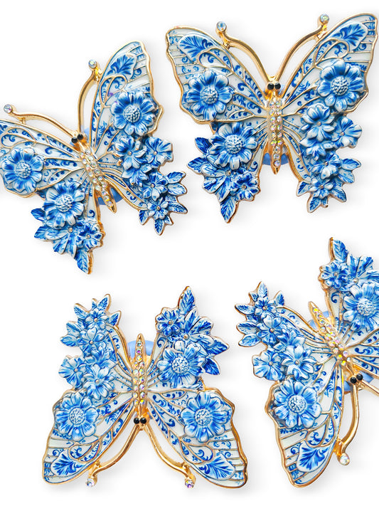 C52149 Chinese Blue‑and‑White Porcelain Butterfly Flower Focal Bead, Enamel Rhinestone Large Hole Bead, DIY Bead Pen, Keychain, Bag Charm Jewelry Making Accessories