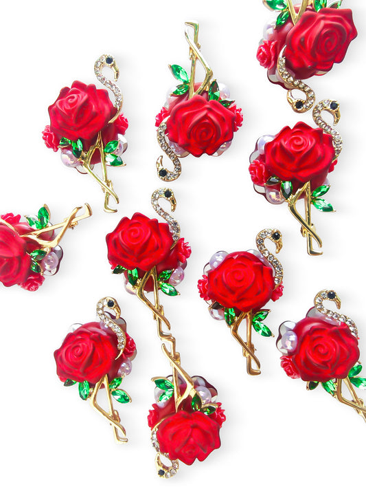 C52150 Vintage Flamingo Red Rose Focal Bead, Rhinestone Green Leaf Pearl Large Hole Bead, DIY Bead Pen, Keychain, Bag Charm Jewelry Making Accessories