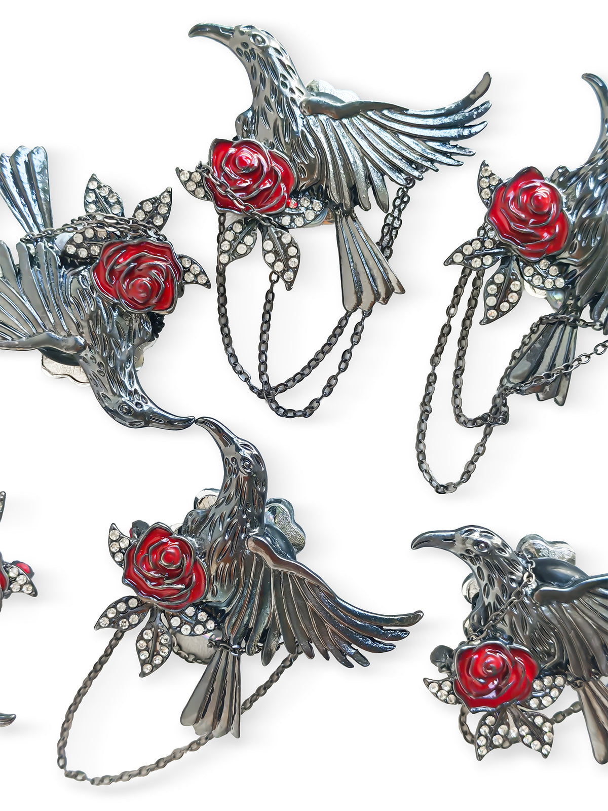 C52144 Gothic Raven Red Rose Chain Focal Bead, Vintage Enamel Rhinestone Large Hole Bead, DIY Bead Pen, Keychain, Bag Charm Jewelry Making Accessories