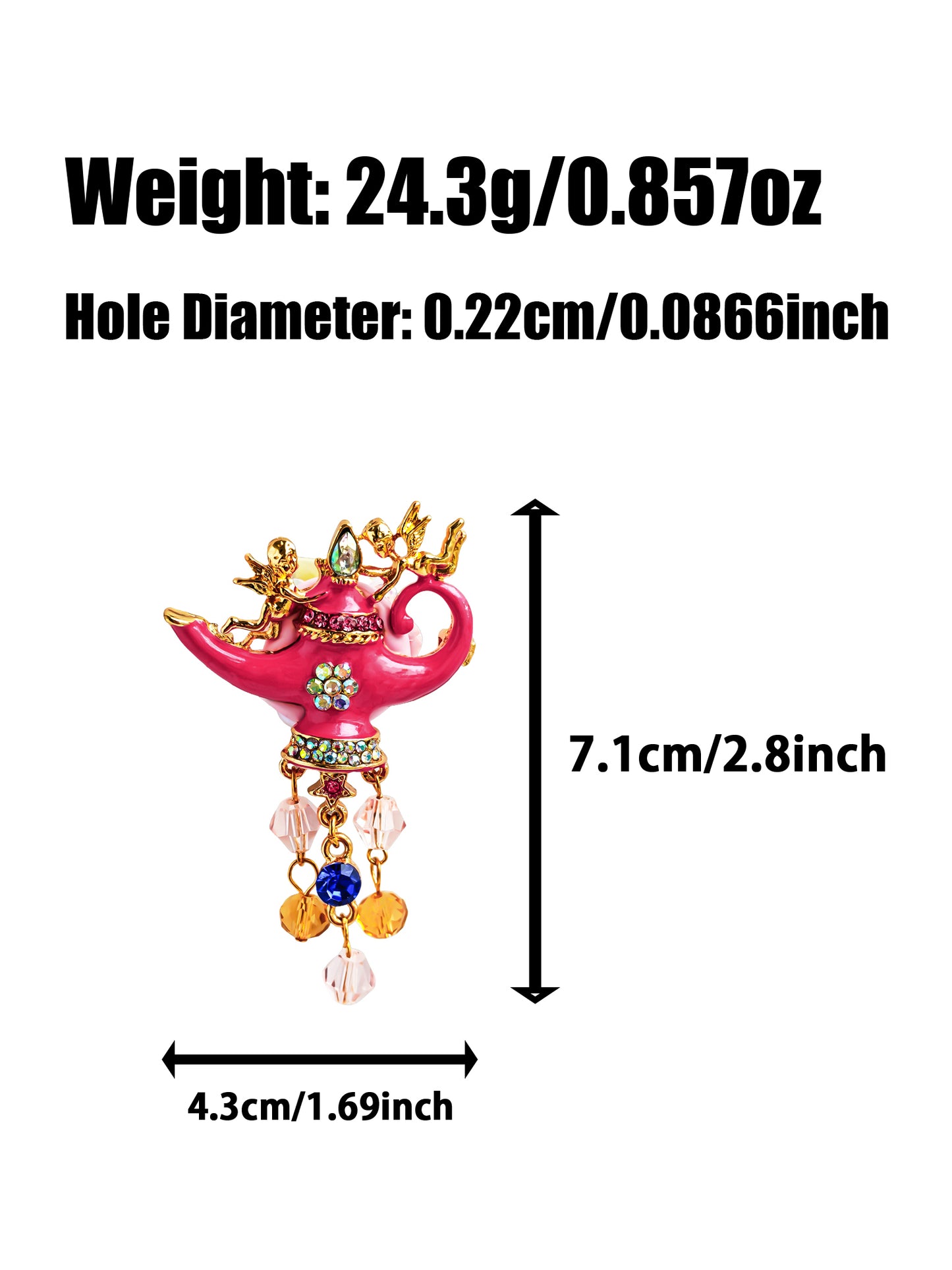 C52126 Metal Genie Gem Teapot, Aladdin's Wish-Granting Pot, with Pink Diamond Pendant, Great For DIY Pens, Necklaces, Key-chains