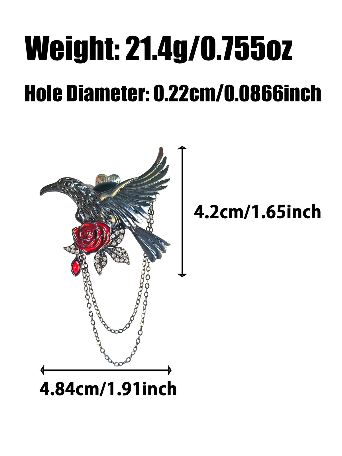 C52144 Gothic Raven Red Rose Chain Focal Bead, Vintage Enamel Rhinestone Large Hole Bead, DIY Bead Pen, Keychain, Bag Charm Jewelry Making Accessories