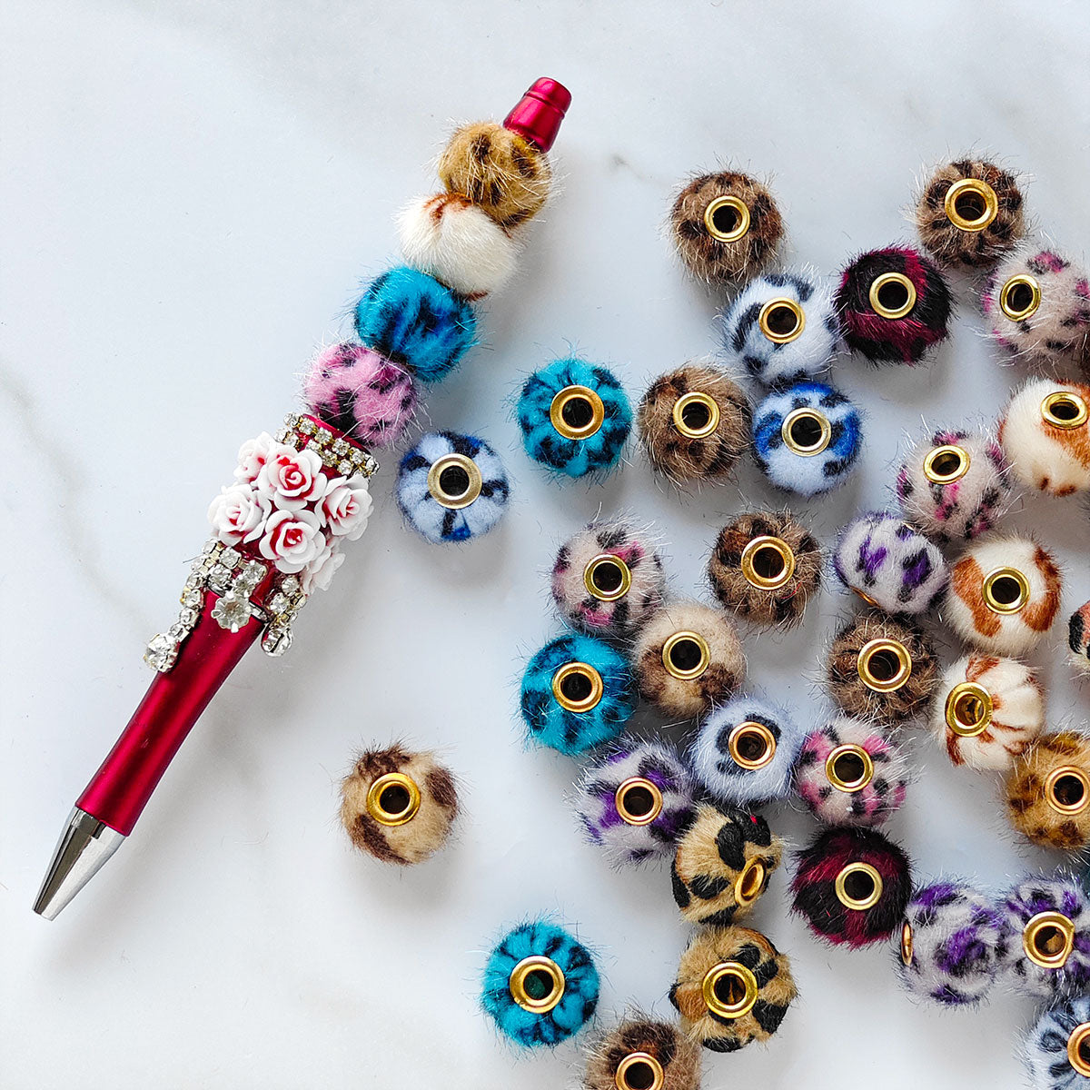 AA032  30pc/ pack  15mm  Leopard Plush Covered Beads For DIY Keychain, Bracelet, Pen Decor,Phonechains,Keychain,