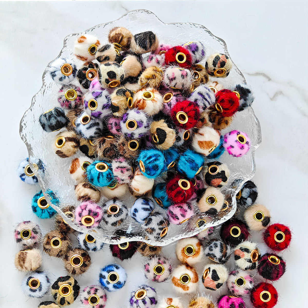 AA032  30pc/ pack  15mm  Leopard Plush Covered Beads For DIY Keychain, Bracelet, Pen Decor,Phonechains,Keychain,