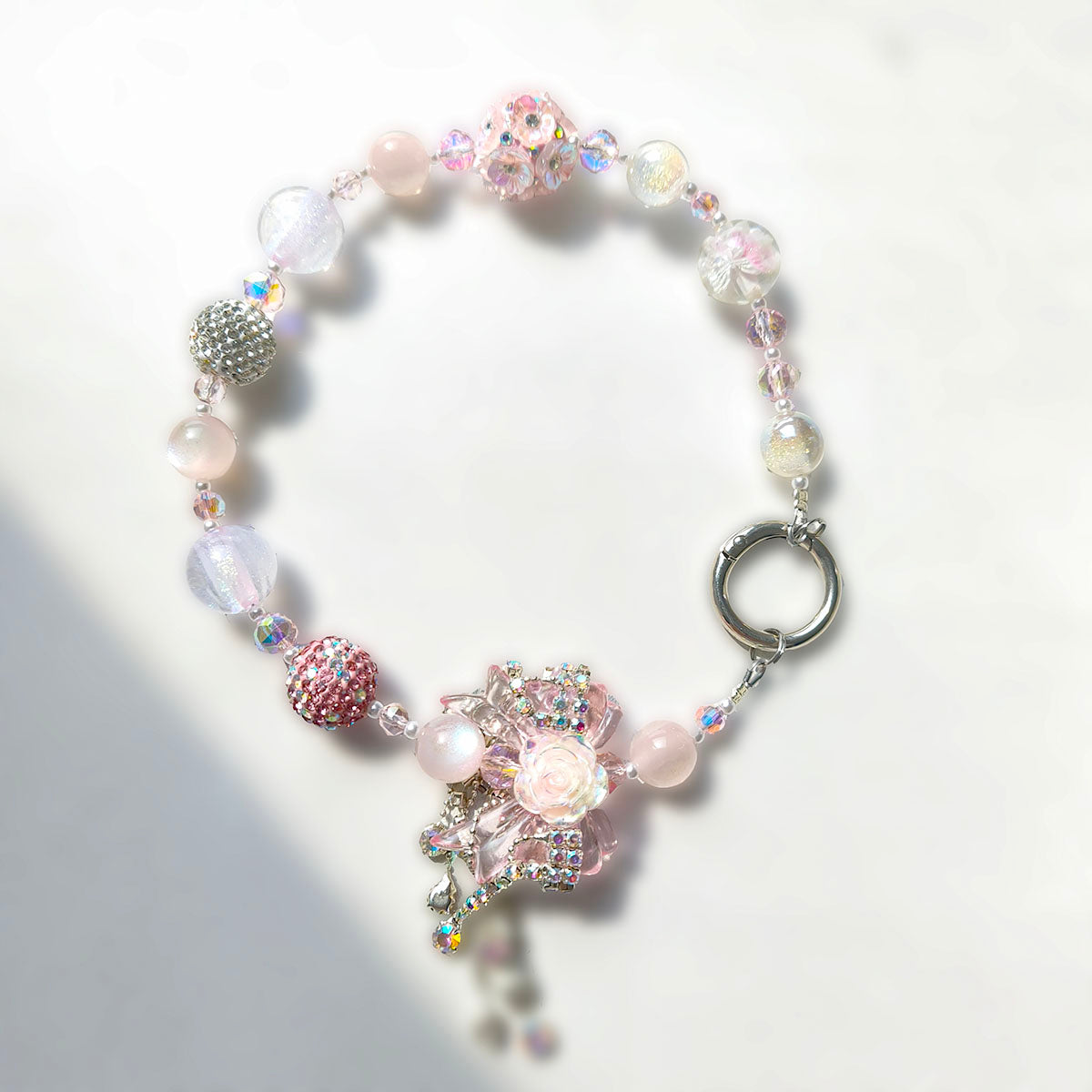 SC6003 Pastel Pink Y2K Acrylic Beaded Bracelet - Sparkly Handmade Jewelry with Flower Pendant for Daily Wear & Gifts