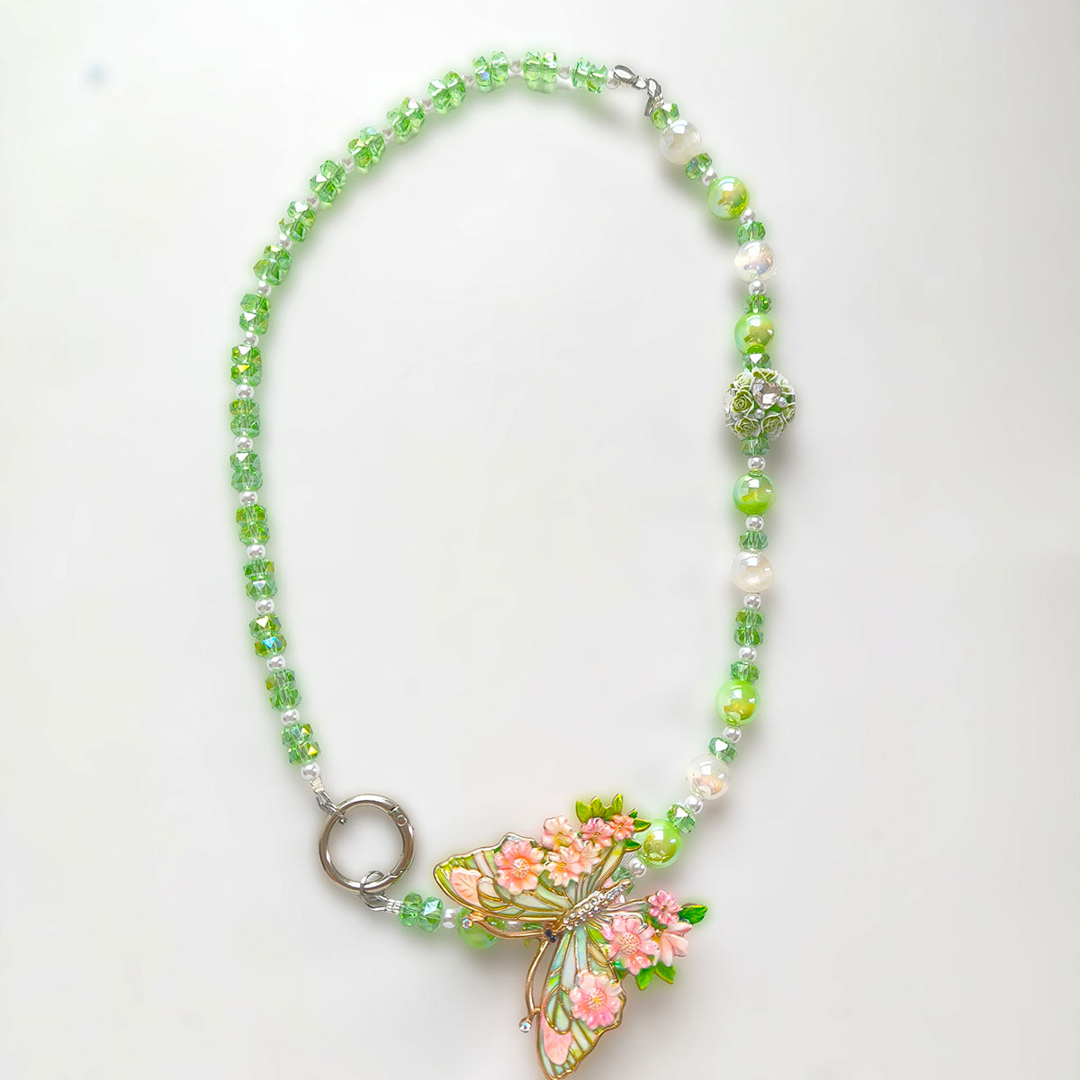 YA6001 Pastel Green Acrylic Bead & Floral Butterfly Pendant Necklace - Y2K Aesthetic Handmade Jewelry for Daily Wear & Gifts