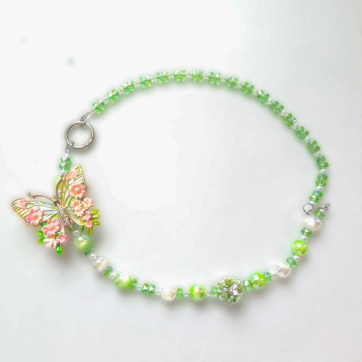 YA6001 Pastel Green Acrylic Bead & Floral Butterfly Pendant Necklace - Y2K Aesthetic Handmade Jewelry for Daily Wear & Gifts