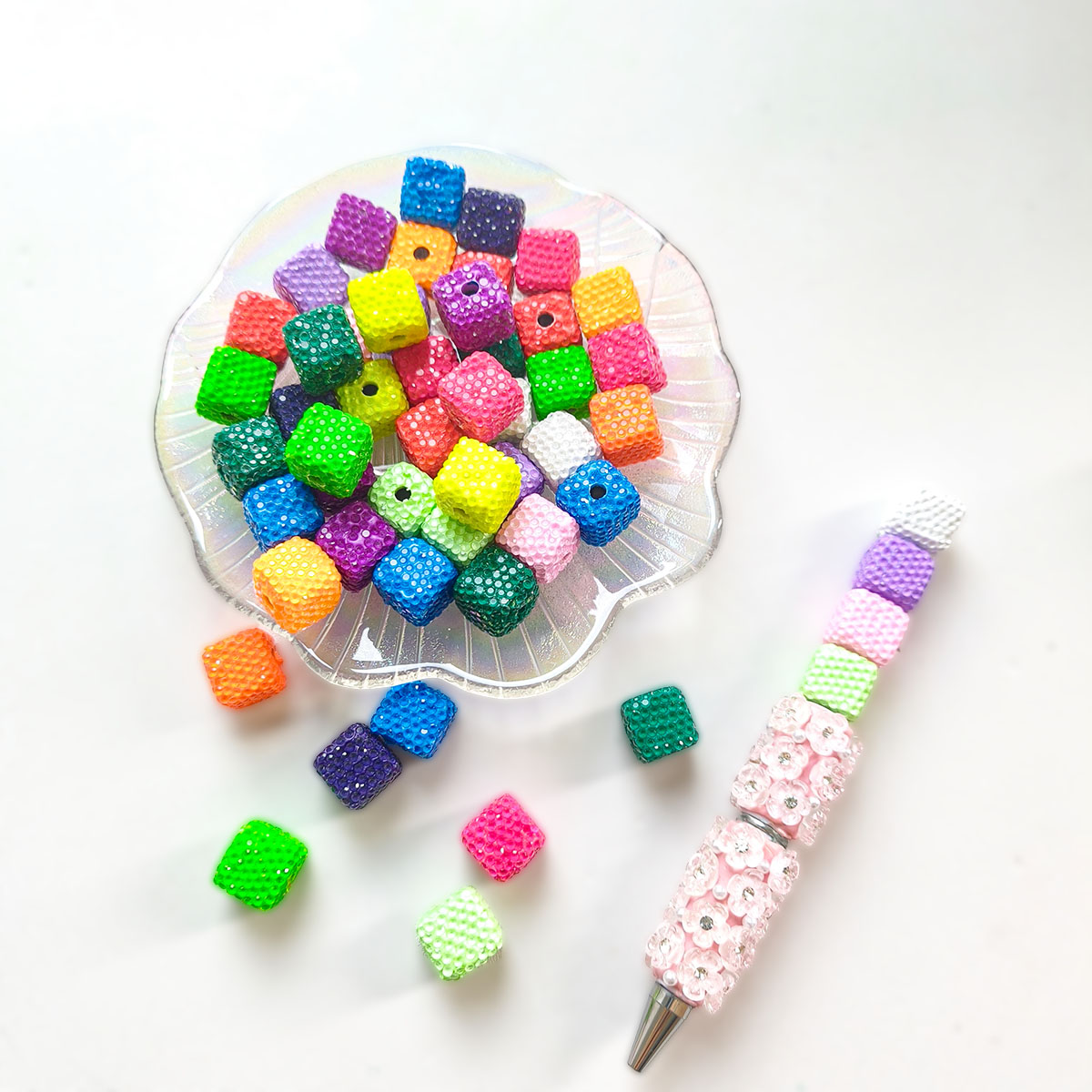 AA0148 Mixed Color Textured Cube Acrylic Beads - Sparkly Craft Beads for DIY Jewelry, Bracelets & Handmade Projects