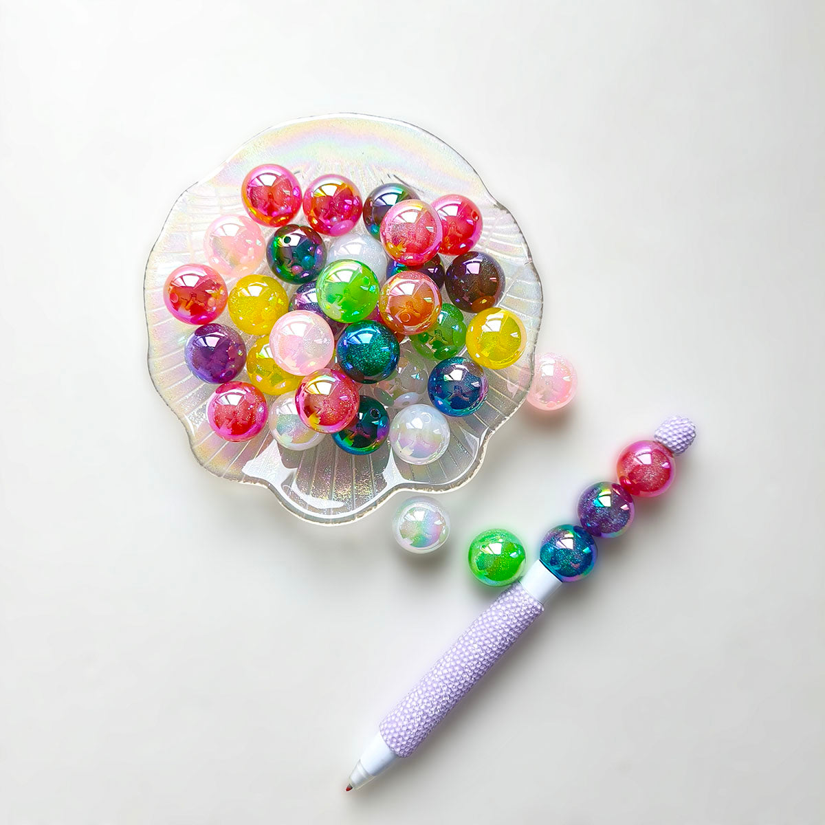 AA0163 20pcs/bag 20mm Aurora Holographic Acrylic Straight-Hole Round Beads - DIY Accessories for Phone Straps, Keychains & Pen Decor