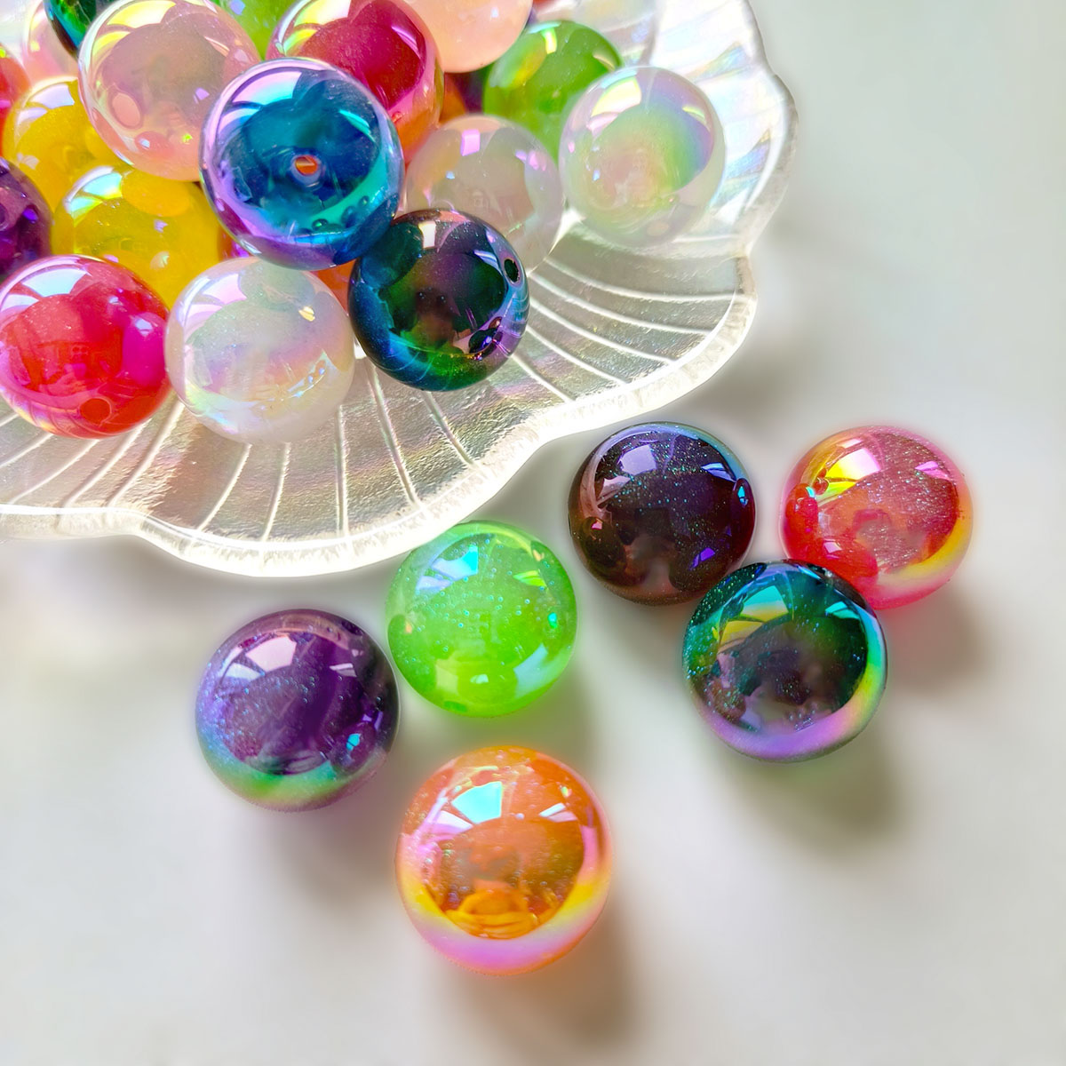 AA0163 20pcs/bag 20mm Aurora Holographic Acrylic Straight-Hole Round Beads - DIY Accessories for Phone Straps, Keychains & Pen Decor