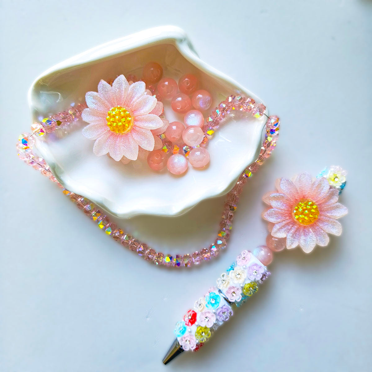 AA0168 Multi-Color Iridescent Sunflower Resin Straight-Hole Beads - DIY Beaded Pen Decor Handmade Jewelry Accessories