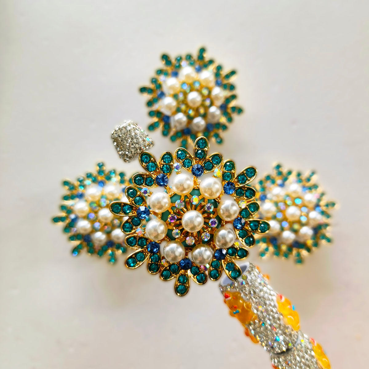 AA0181 Vintage Peacock Blue Rhinestone Pearl Flower Large Hole Beads - DIY Loose Beads for Pens, Bag Charms & Jewelry Making