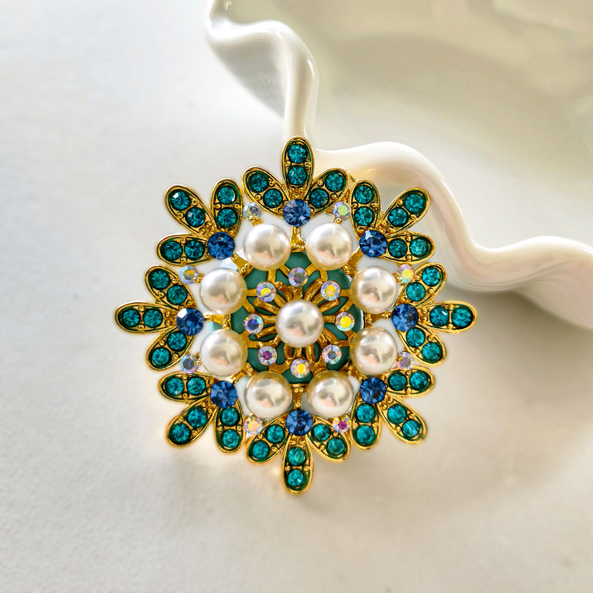 AA0181 Vintage Peacock Blue Rhinestone Pearl Flower Large Hole Beads - DIY Loose Beads for Pens, Bag Charms & Jewelry Making