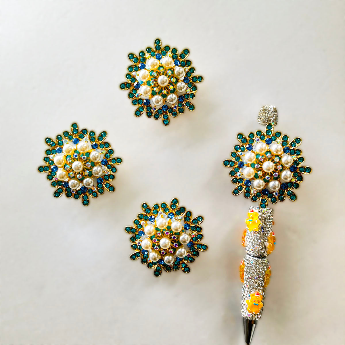 AA0181 Vintage Peacock Blue Rhinestone Pearl Flower Large Hole Beads - DIY Loose Beads for Pens, Bag Charms & Jewelry Making