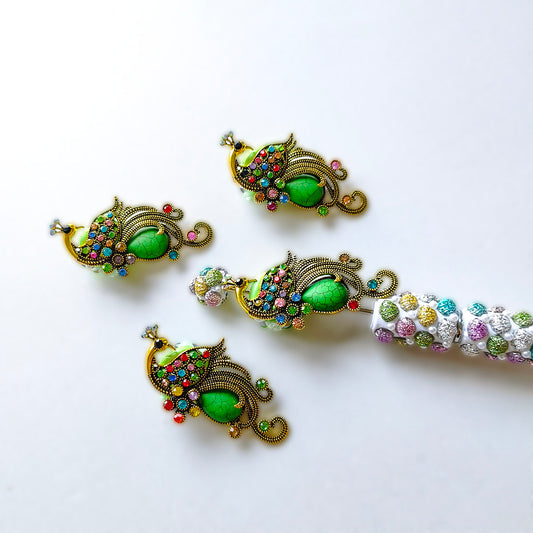 AA0187 Vintage Multicolor Rhinestone Green Stone Peacock Large Hole Beads, DIY Loose Beads for Beadable Pens, Bag Charms & Jewelry Making Supplies