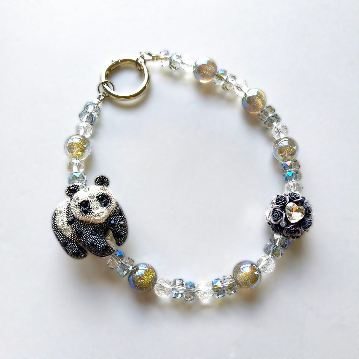 FC70015 Rhinestone Panda & Rose Beaded Keychain Charms - DIY Accessories for Bag Pendants,Phone Straps  & Key Holders