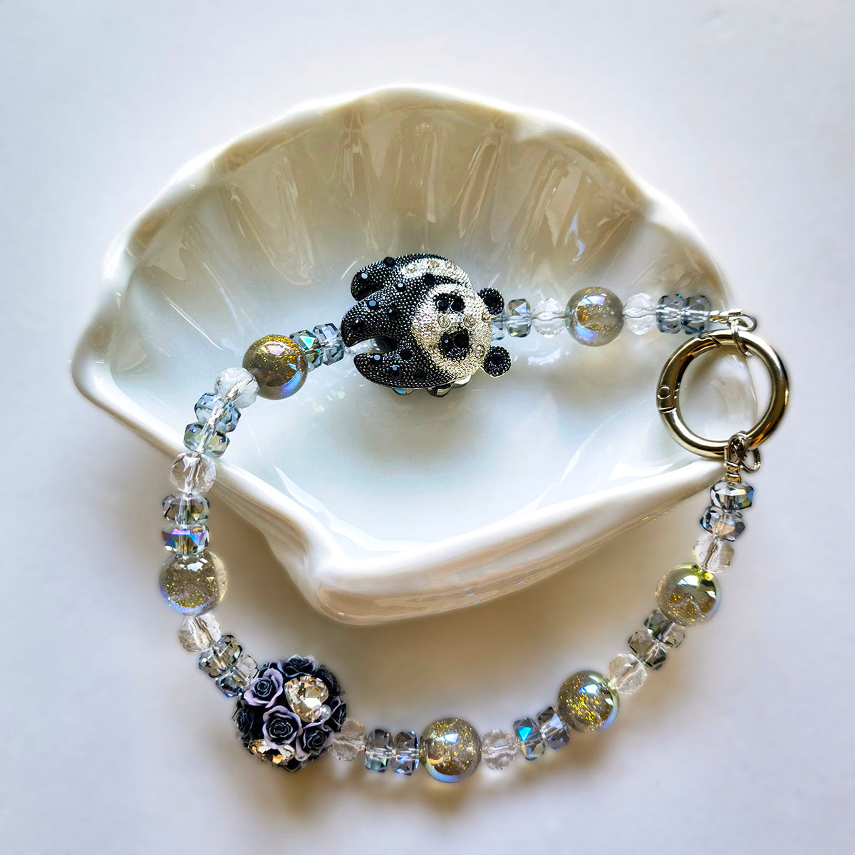 FC70015 Rhinestone Panda & Rose Beaded Keychain Charms - DIY Accessories for Bag Pendants,Phone Straps  & Key Holders