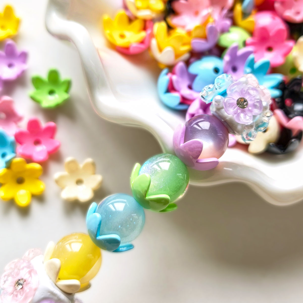 AA0194 Summer Dopamine Painted Bell Flower Bead Caps Acrylic Spacer Beads, DIY Craft Supplies for Phone Straps, Keychains & Jewelry Making