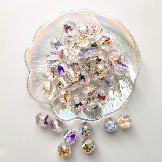 AA0211 16mm Clear Crackle Butterfly Print Resin Round Straight Hole Loose Beads, Colorful Butterfly DIY Spacer Accessories for Bead Pens, Bracelets & Keychains