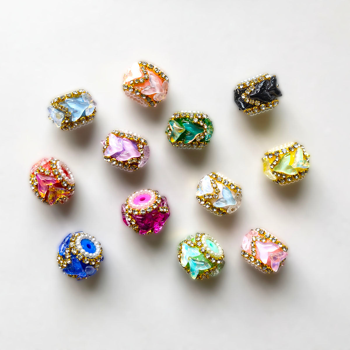 AA0208 Gold Rhinestone Petal Resin Barrel Open Hole Beads, Multi Macaron Colors DIY Spacer Accessories for Bead Pens, Bracelets & Keychains