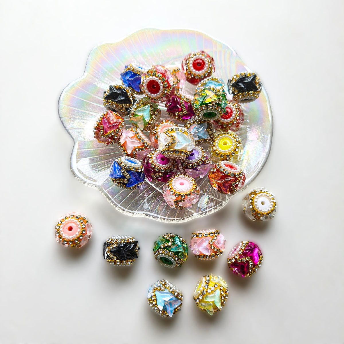 AA0208 Gold Rhinestone Petal Resin Barrel Open Hole Beads, Multi Macaron Colors DIY Spacer Accessories for Bead Pens, Bracelets & Keychains