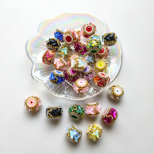AA0208 Gold Rhinestone Petal Resin Barrel Open Hole Beads, Multi Macaron Colors DIY Spacer Accessories for Bead Pens, Bracelets & Keychains