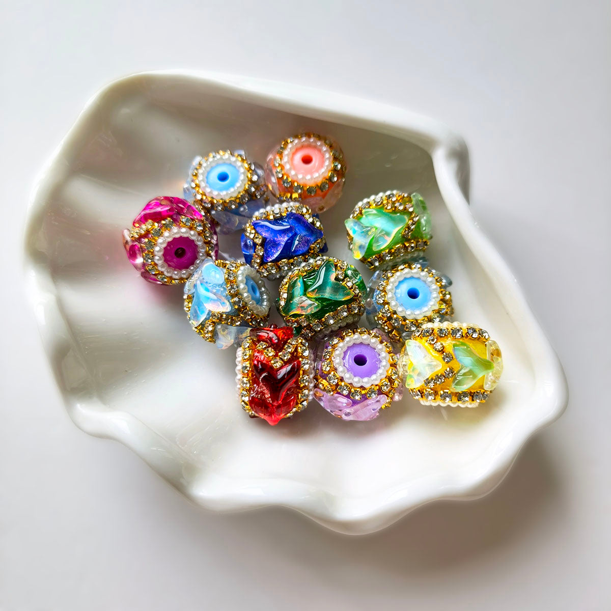 AA0208 Gold Rhinestone Petal Resin Barrel Open Hole Beads, Multi Macaron Colors DIY Spacer Accessories for Bead Pens, Bracelets & Keychains