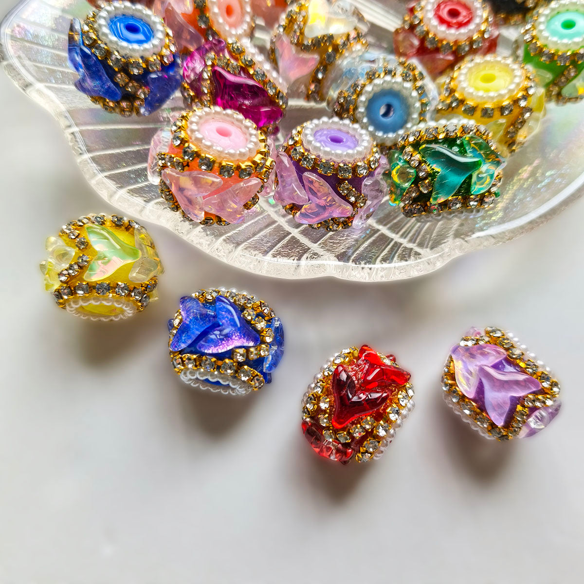 AA0208 Gold Rhinestone Petal Resin Barrel Open Hole Beads, Multi Macaron Colors DIY Spacer Accessories for Bead Pens, Bracelets & Keychains