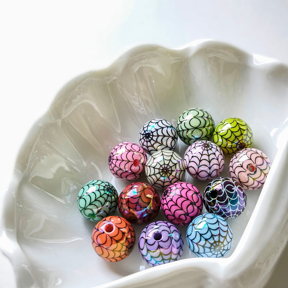 AA0219 16mm Electroplated Color Acrylic Spider Web Printed Straight Hole Round Beads, Halloween Loose Beads for DIY Bead Pens, Bracelets, Phone Charms Jewelry Making Supplies