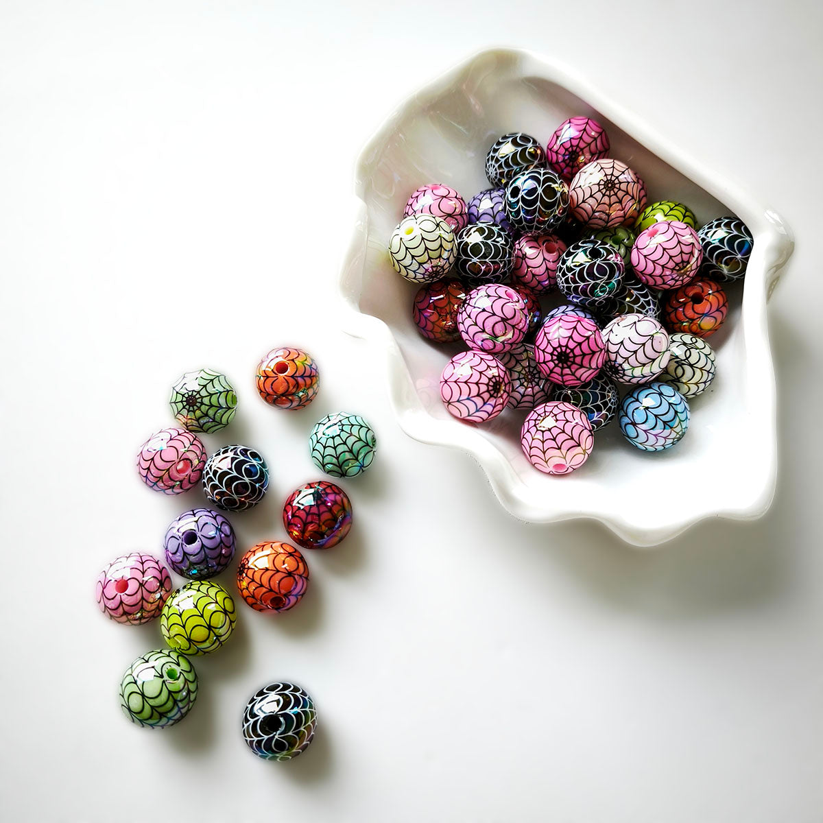 AA0219 16mm Electroplated Color Acrylic Spider Web Printed Straight Hole Round Beads, Halloween Loose Beads for DIY Bead Pens, Bracelets, Phone Charms Jewelry Making Supplies