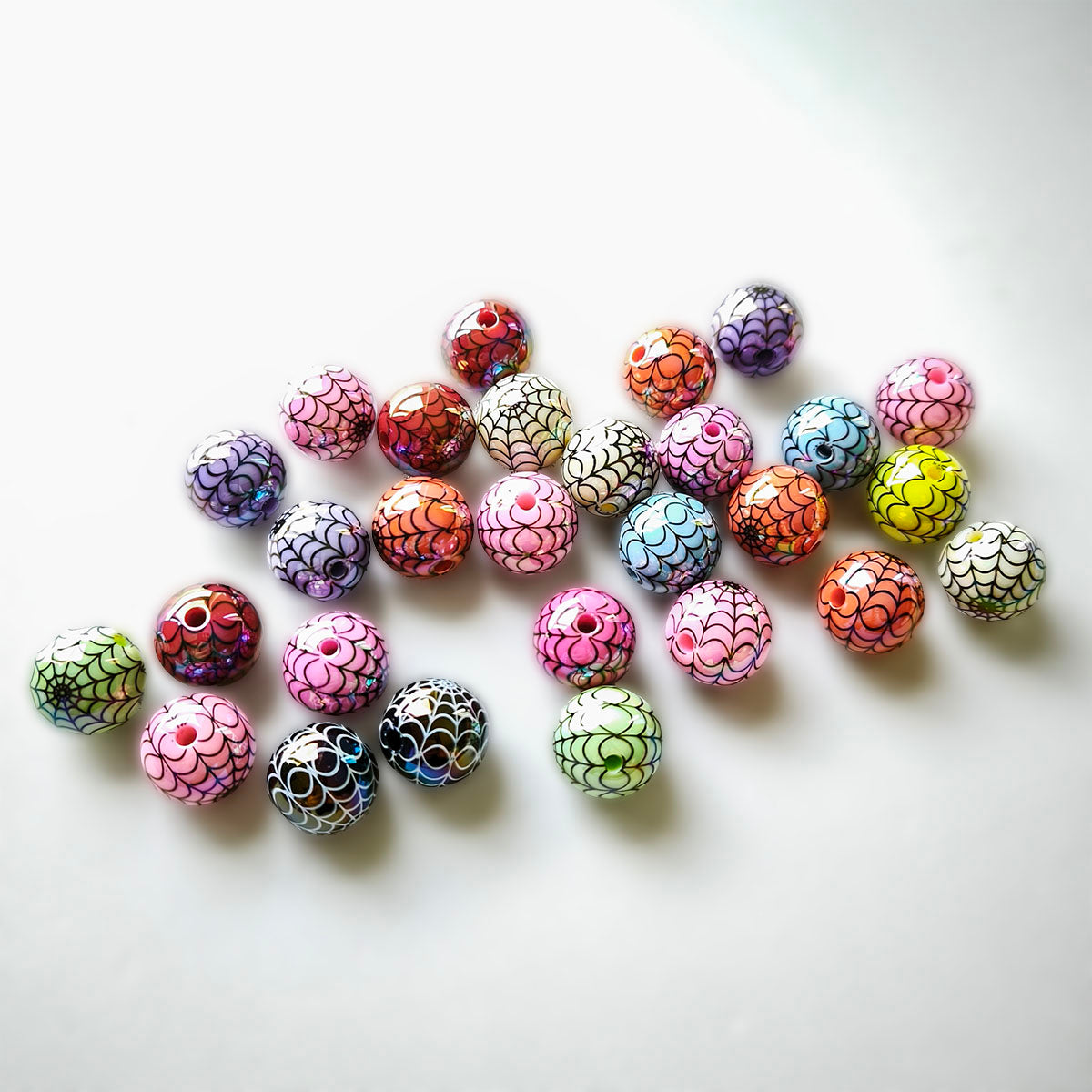 AA0219 16mm Electroplated Color Acrylic Spider Web Printed Straight Hole Round Beads, Halloween Loose Beads for DIY Bead Pens, Bracelets, Phone Charms Jewelry Making Supplies