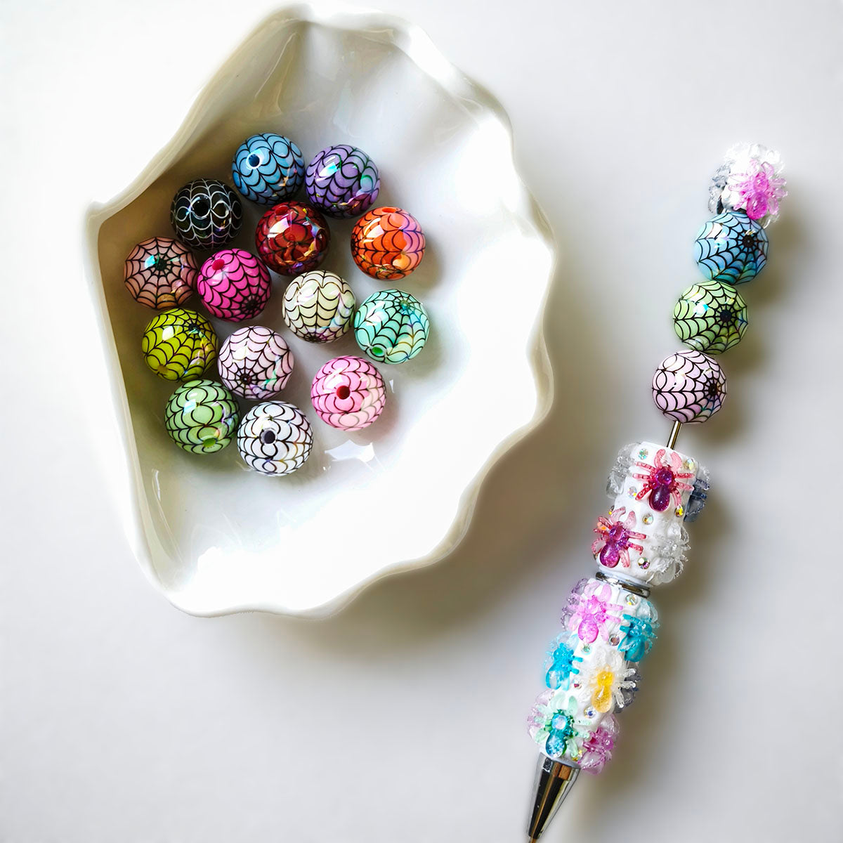 AA0219 16mm Electroplated Color Acrylic Spider Web Printed Straight Hole Round Beads, Halloween Loose Beads for DIY Bead Pens, Bracelets, Phone Charms Jewelry Making Supplies