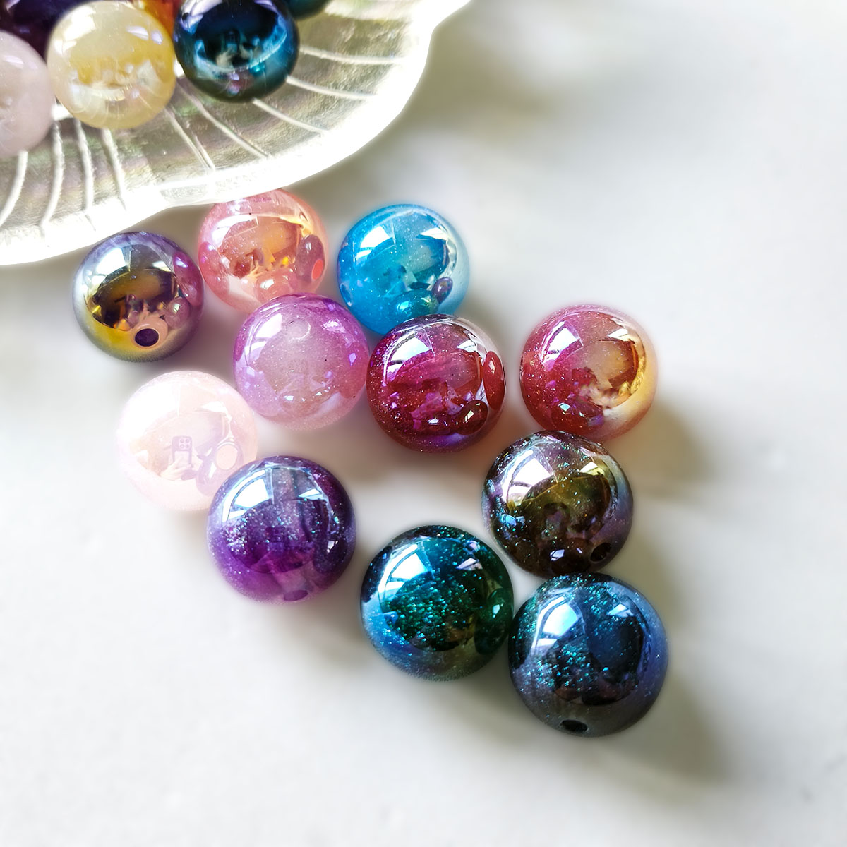 AA0218 16mm Glitter Color Electroplated Round Straight Hole Beads, Shimmer Galaxy Loose Beads for DIY Bracelets, Necklaces, Bead Pens, Jewelry Making Accessories