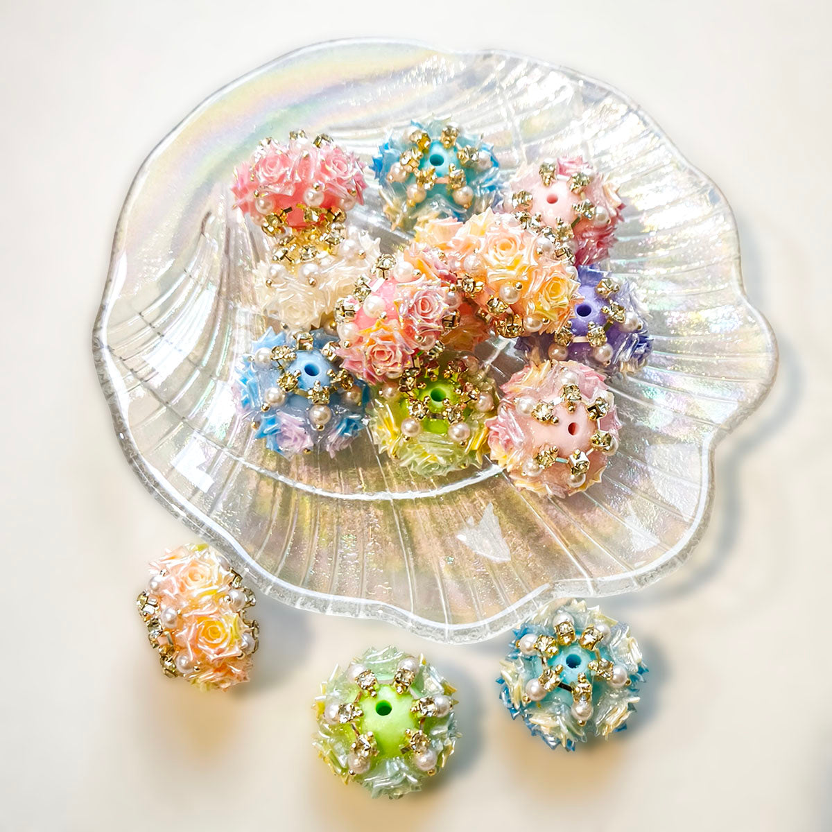 AA0224 Heavy-Duty 3D Rose Flower Ball Straight Hole Beads, Pearl Rhinestone Gradient Floral Cluster Beads for DIY Bead Pens, Phone Charms, Keychains & Bag Pendants
