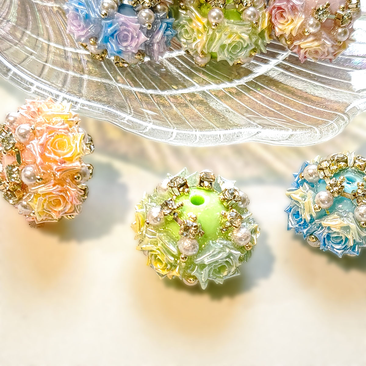 AA0224 Heavy-Duty 3D Rose Flower Ball Straight Hole Beads, Pearl Rhinestone Gradient Floral Cluster Beads for DIY Bead Pens, Phone Charms, Keychains & Bag Pendants