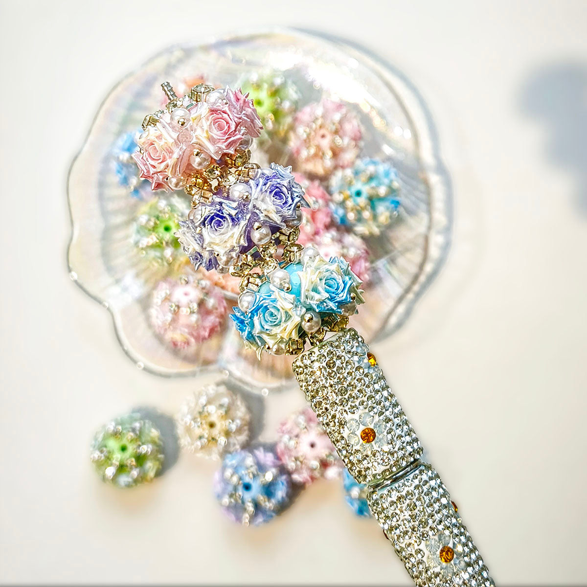 AA0224 Heavy-Duty 3D Rose Flower Ball Straight Hole Beads, Pearl Rhinestone Gradient Floral Cluster Beads for DIY Bead Pens, Phone Charms, Keychains & Bag Pendants