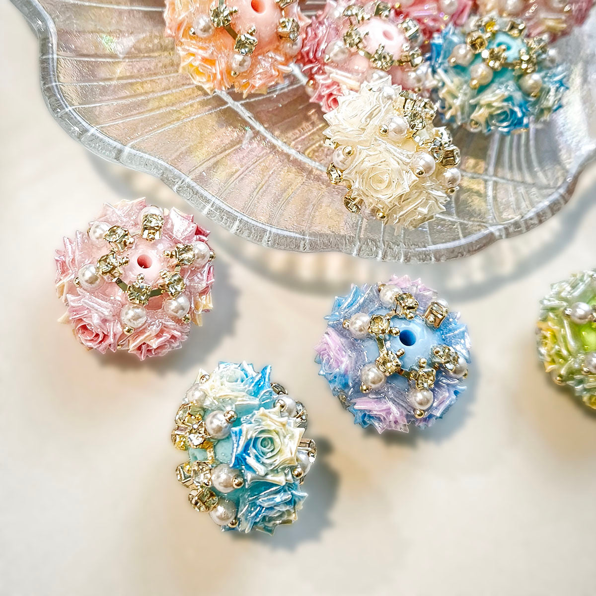 AA0224 Heavy-Duty 3D Rose Flower Ball Straight Hole Beads, Pearl Rhinestone Gradient Floral Cluster Beads for DIY Bead Pens, Phone Charms, Keychains & Bag Pendants