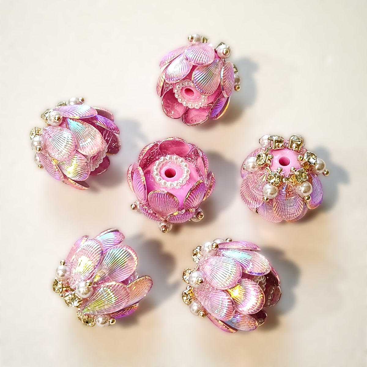 AA0223 Heavy-Duty Shimmer Gradient Lotus Lamp Open-Hole Flower Ball Beads - DIY Accessories for Bead Pens, Phone Straps, Keychains & Bag Charms