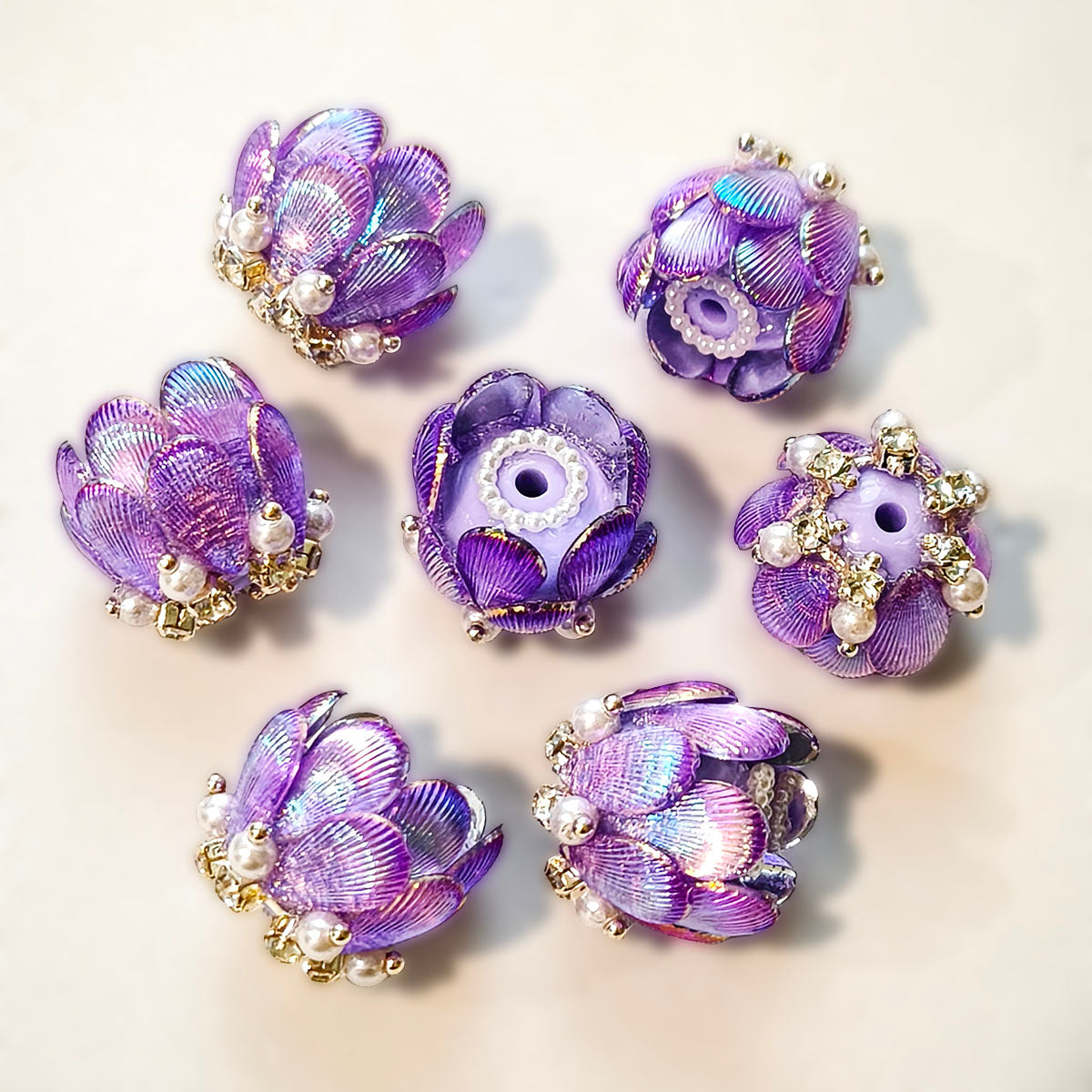 AA0223 Heavy-Duty Shimmer Gradient Lotus Lamp Open-Hole Flower Ball Beads - DIY Accessories for Bead Pens, Phone Straps, Keychains & Bag Charms